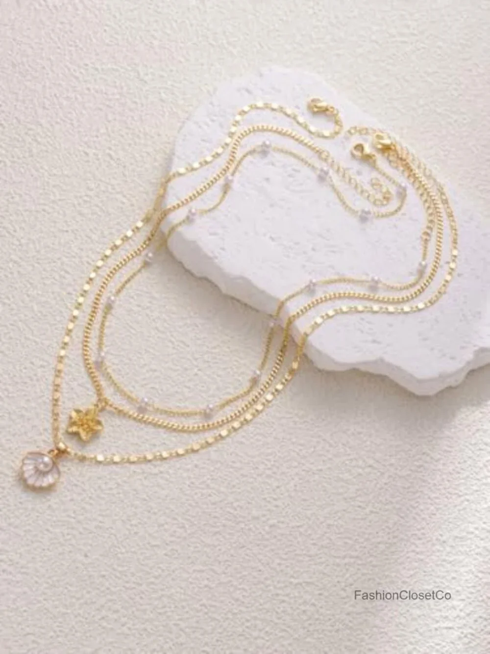 14K Gold Plated Seashell & Pearl Layered Necklace Set for Women, Dainty Stacked